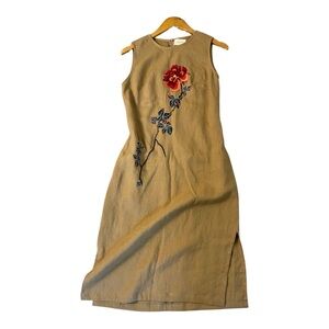 Tan Sleeveless Sheath Dress with Red Floral Embroidery